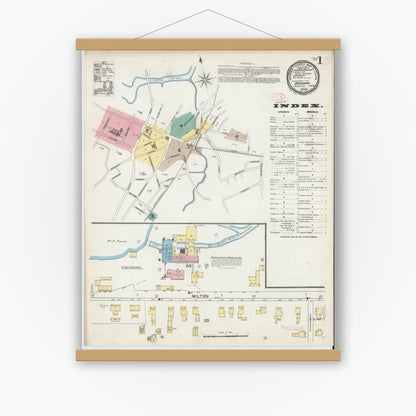 Old map wall art mockup — magnetic wood frame on white wall — Sanborn Fire Insurance Map from Dedham, Norfolk County, Massachusetts (1892) - Complete Map Set