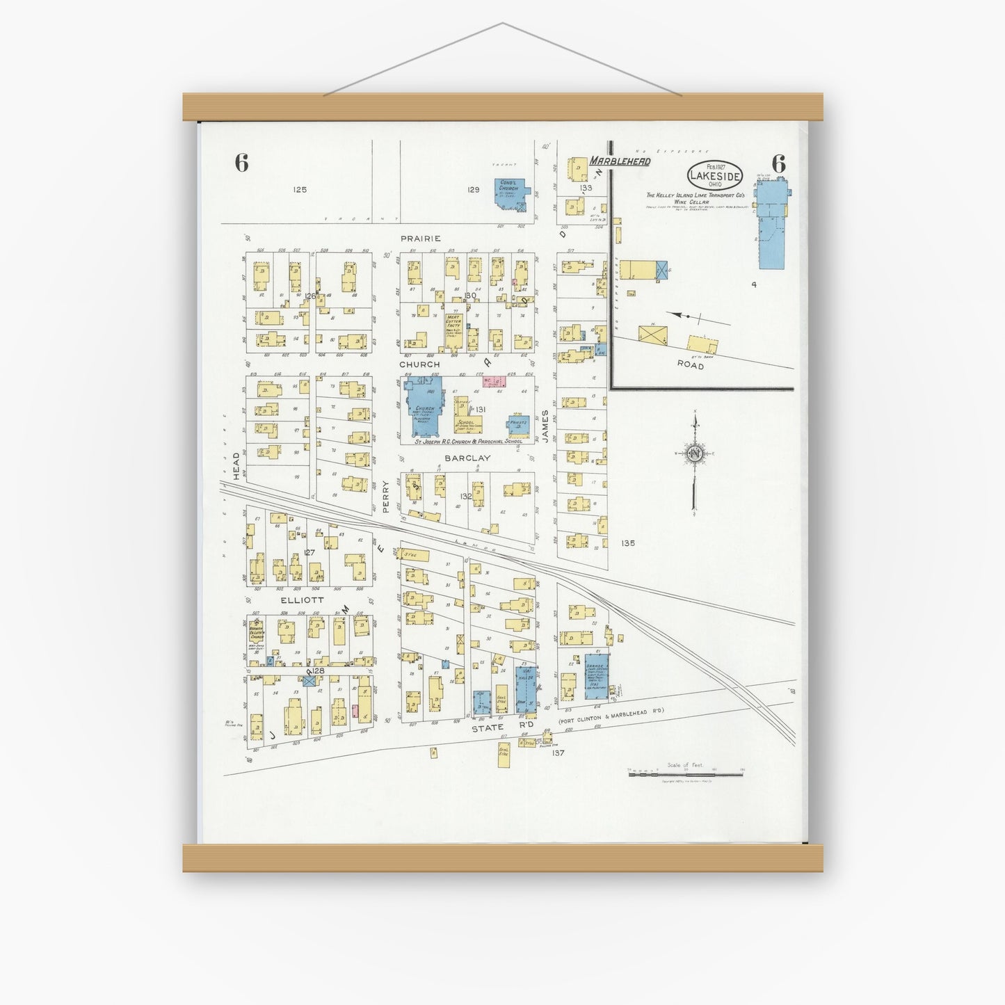 Old map wall art mockup — magnetic wood frame on white wall — Sanborn Fire Insurance Map from Lakeside, Ottawa County, Ohio (1927), Sheet #0006
