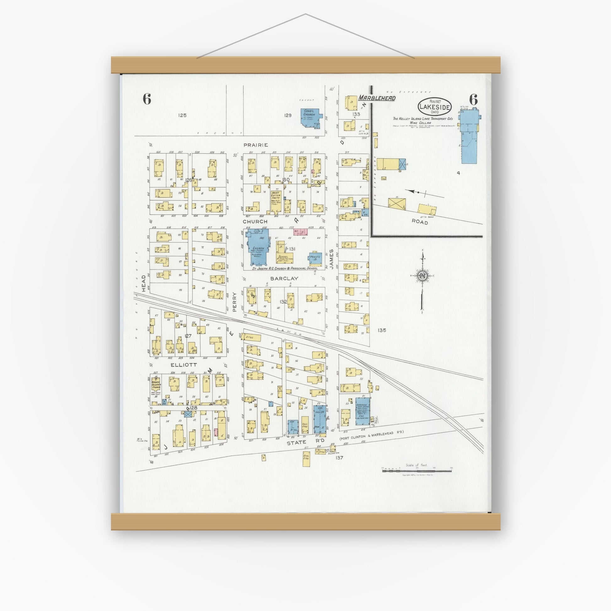 Old map wall art mockup — magnetic wood frame on white wall — Sanborn Fire Insurance Map from Lakeside, Ottawa County, Ohio (1927), Sheet #0006
