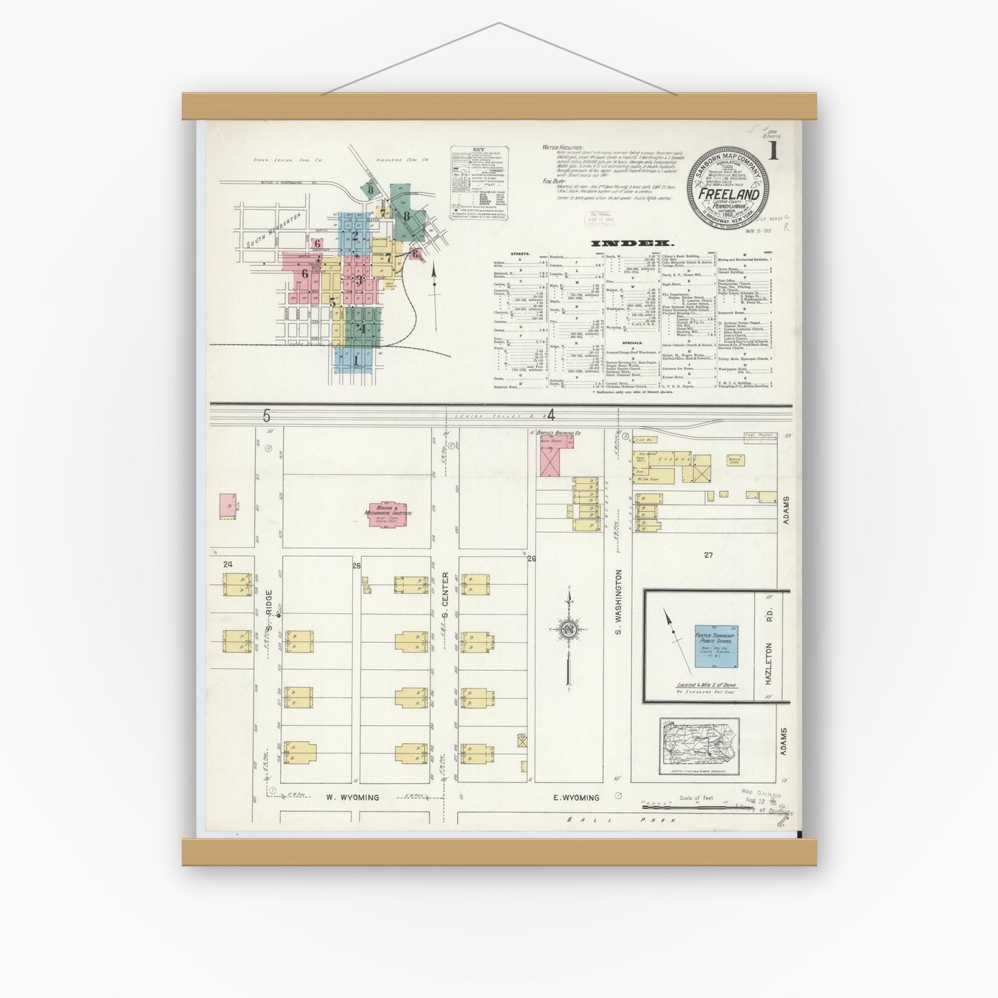 Old map wall art mockup — magnetic wood frame on white wall — Sanborn Fire Insurance Map from Freeland, Luzerne County, Pennsylvania (1912) - Complete Map Set