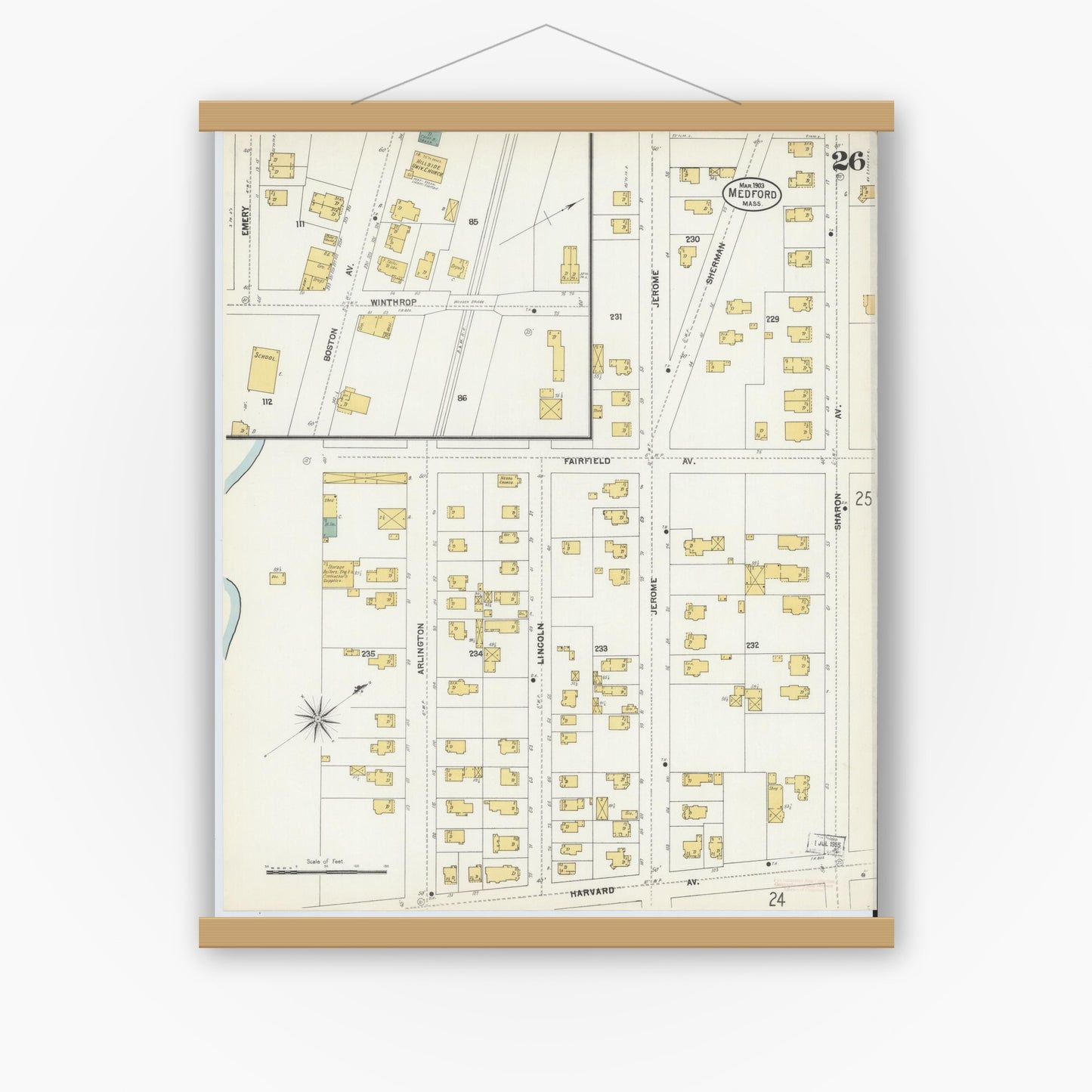 Old map wall art mockup — magnetic wood frame on white wall — Sanborn Fire Insurance Map from Medford, Middlesex County, Massachusetts (1903), Sheet #0026