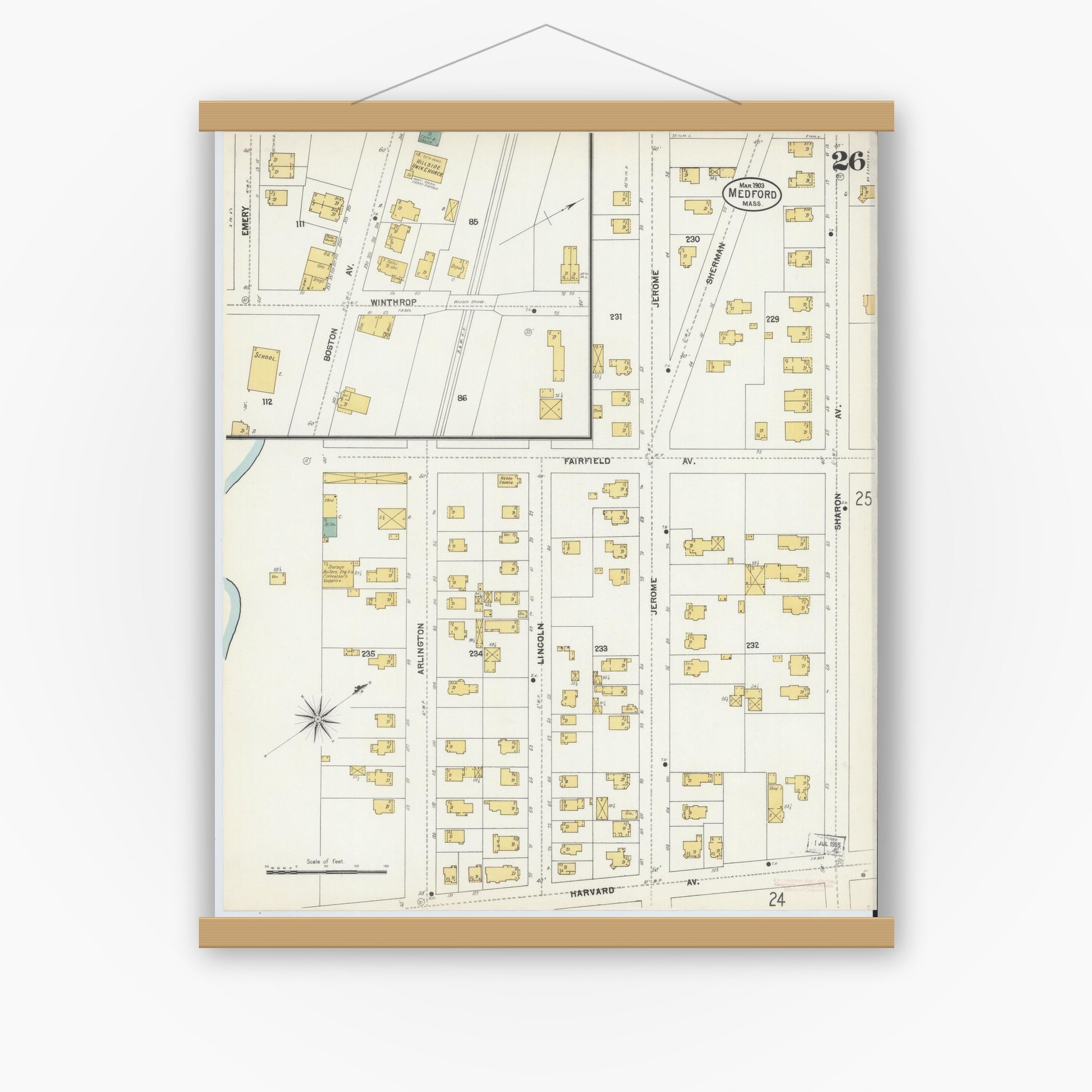 Old map wall art mockup — magnetic wood frame on white wall — Sanborn Fire Insurance Map from Medford, Middlesex County, Massachusetts (1903), Sheet #0026