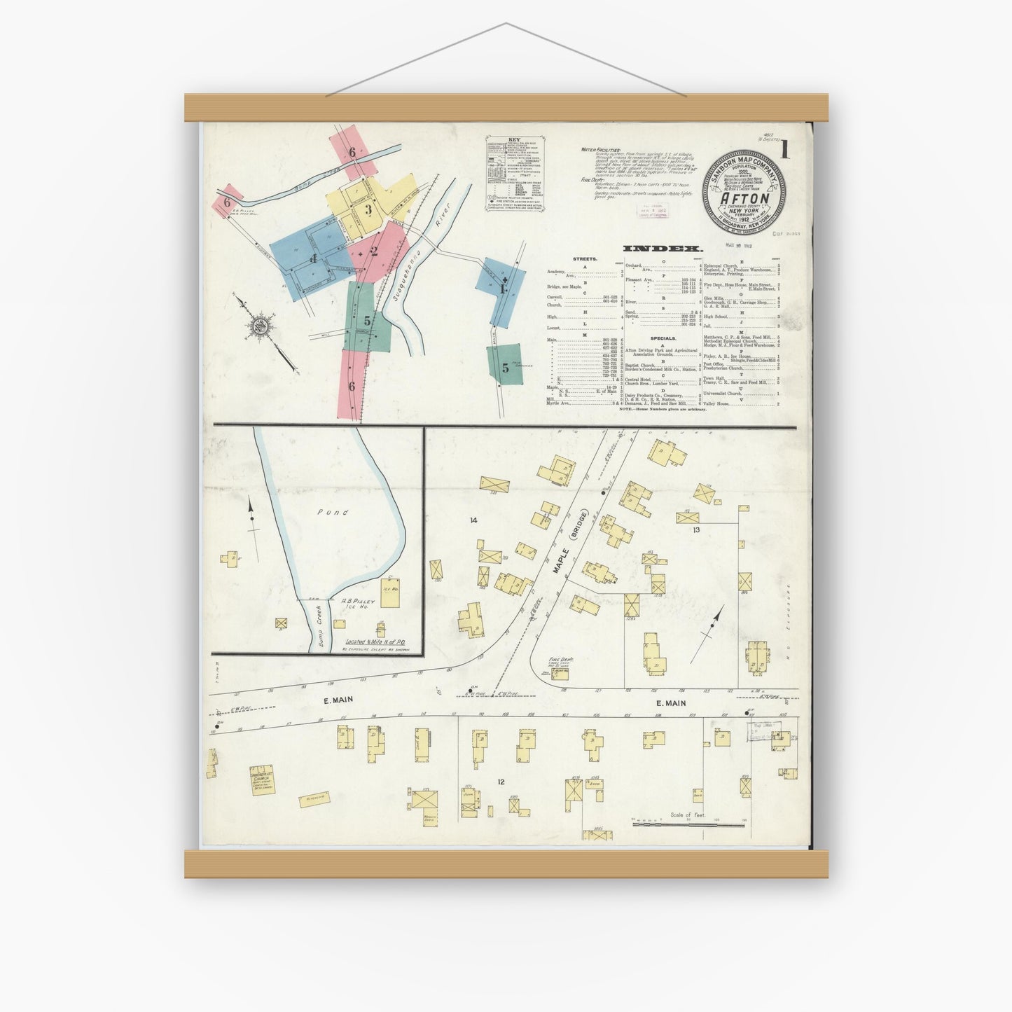 Old map wall art mockup — magnetic wood frame on white wall — Sanborn Fire Insurance Map from Afton, Chenango County, New York (1912) - Complete Map Set