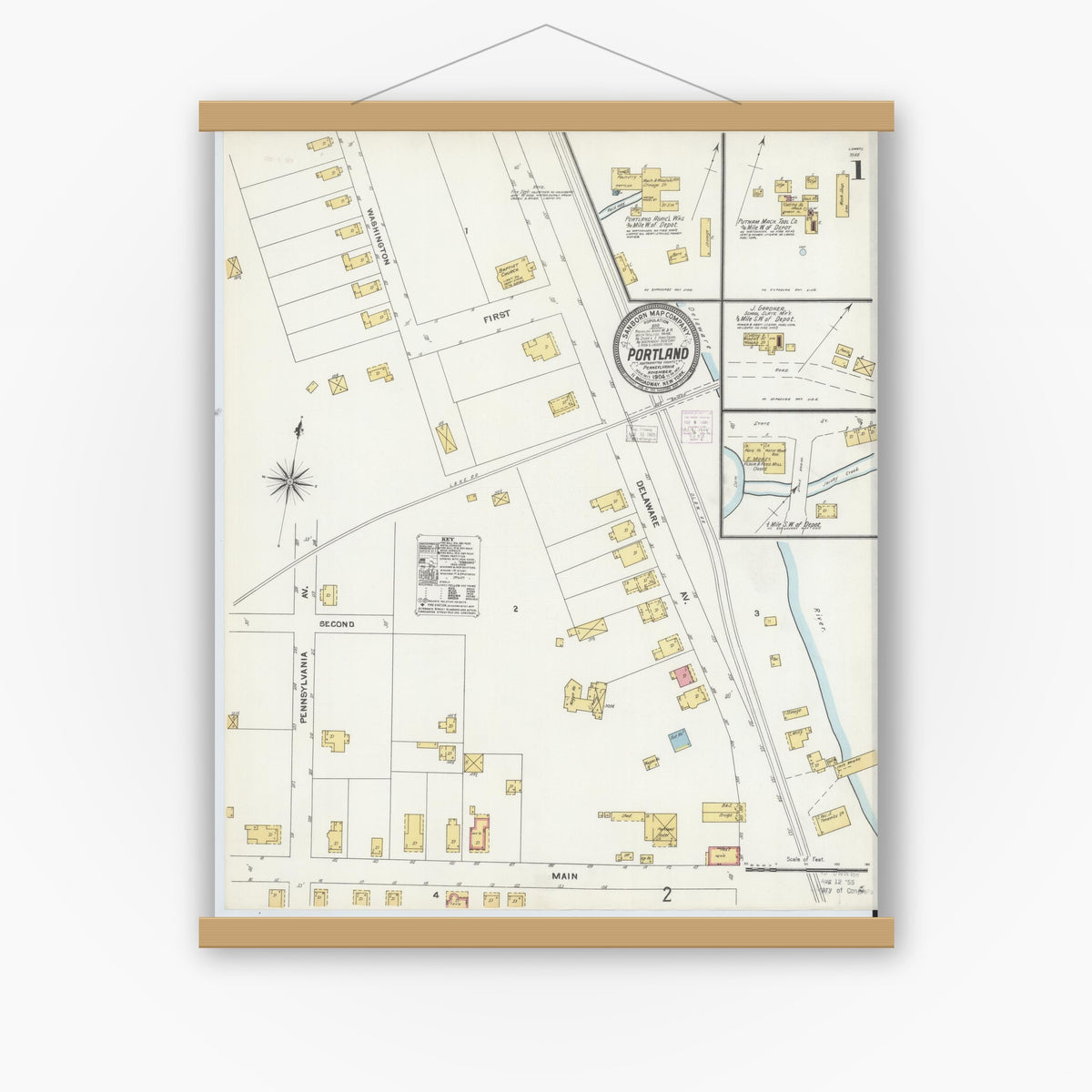 Old map wall art mockup — magnetic wood frame on white wall — Sanborn Fire Insurance Map from Portland, Northampton County, Pennsylvania (1904) - Complete Map Set