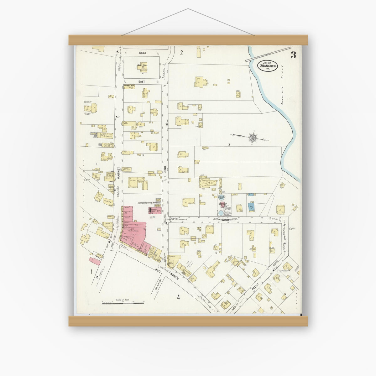 Old map wall art mockup — magnetic wood frame on white wall — Sanborn Fire Insurance Map from Onancock, Accomack County, Virginia (1912), Sheet #0003