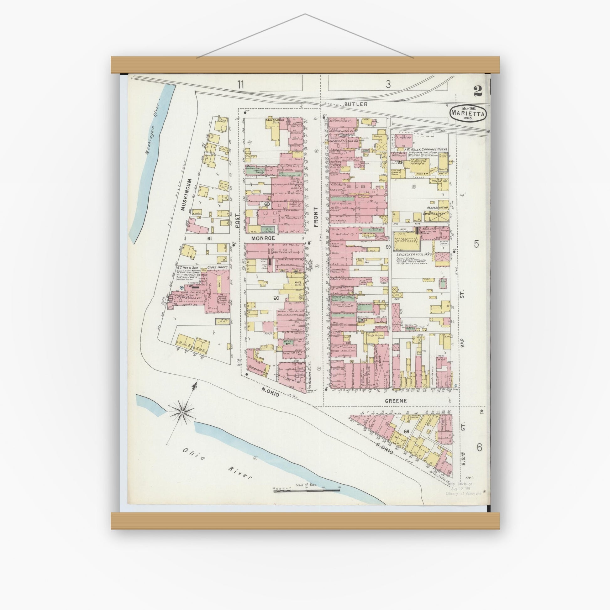 Old map wall art mockup — magnetic wood frame on white wall — Sanborn Fire Insurance Map from Marietta, Washington County, Ohio (1896), Sheet #0002