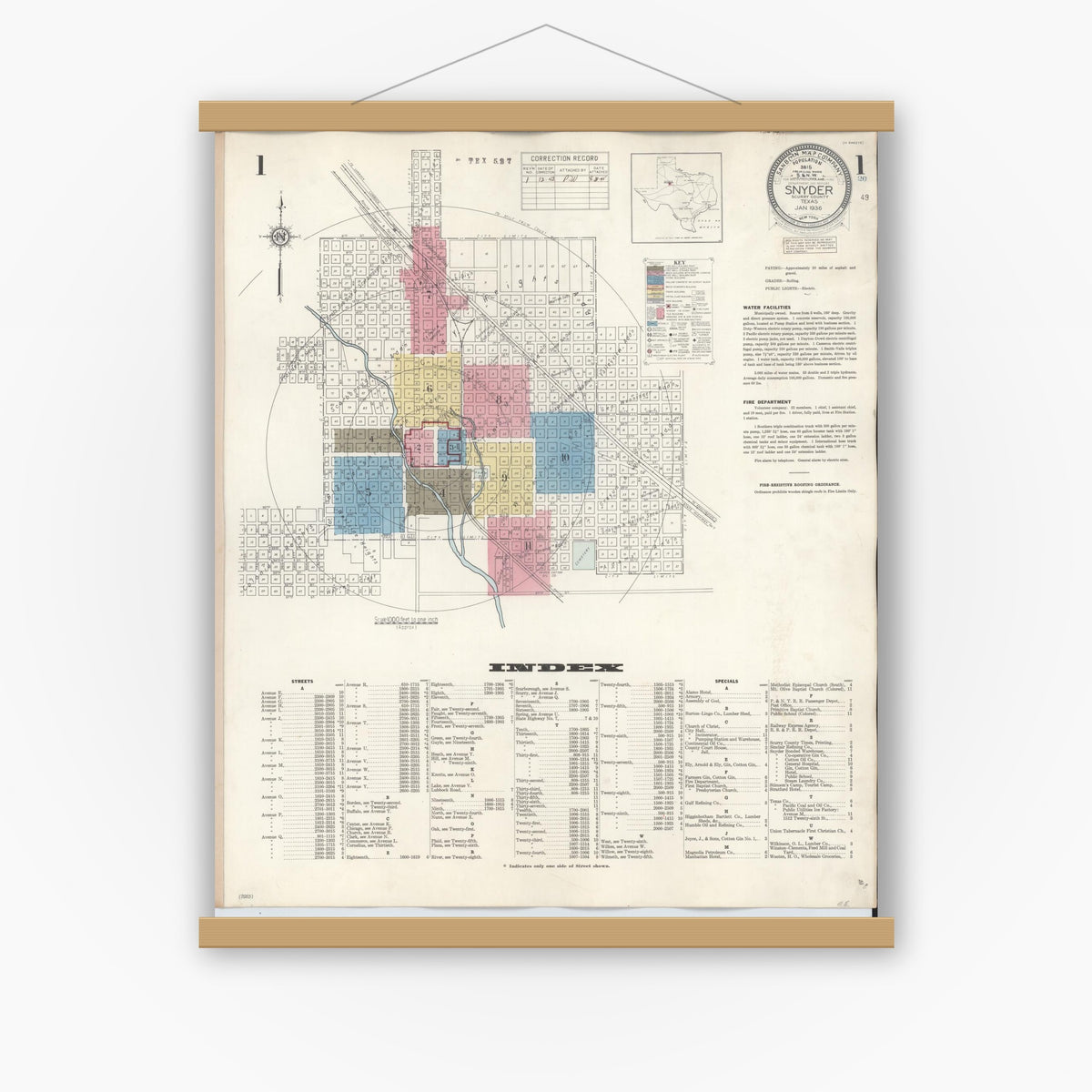 Old map wall art mockup — magnetic wood frame on white wall — Sanborn Fire Insurance Map from Snyder, Scurry County, Texas (1942), Sheet #0001