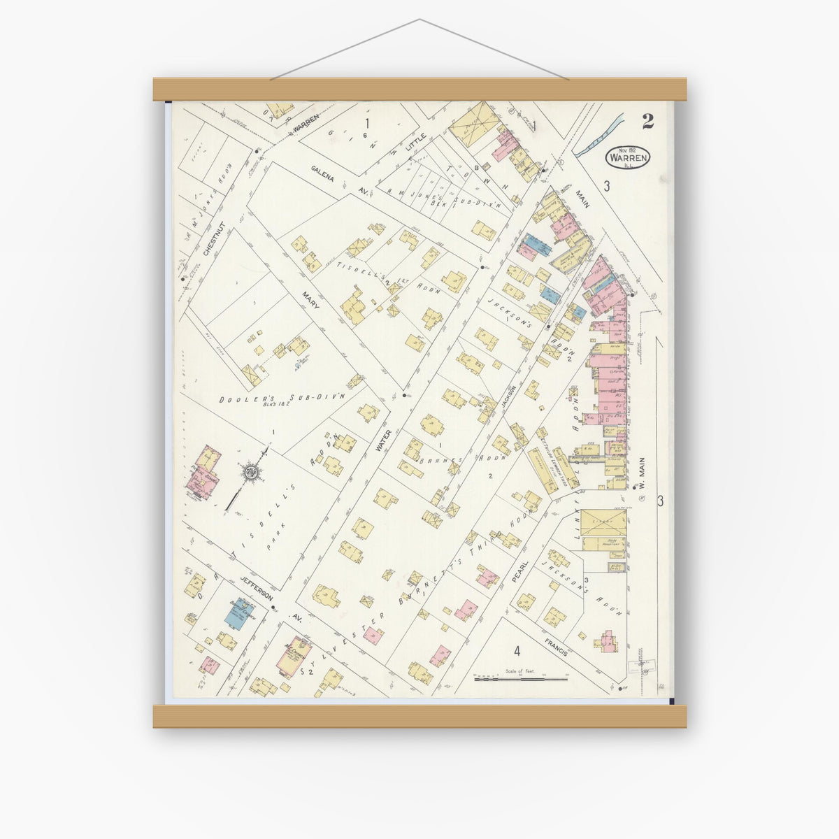 Old map wall art mockup — magnetic wood frame on white wall — Sanborn Fire Insurance Map from Warren, Jo Daviess County, Illinois (1912), Sheet #0002