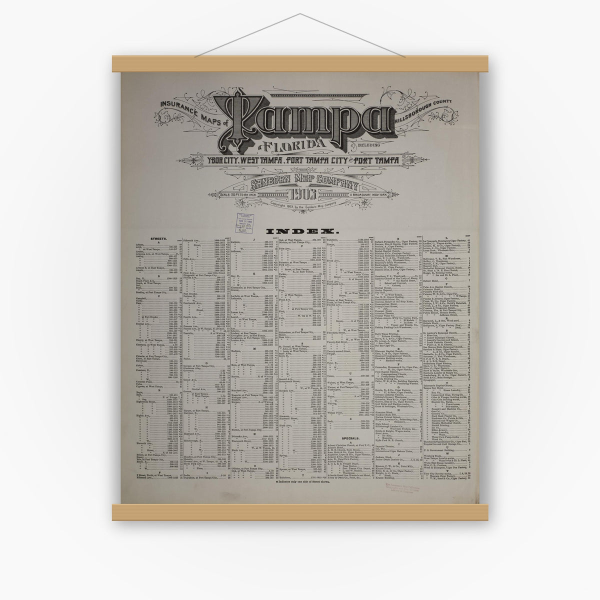 Old map wall art mockup — magnetic wood frame on white wall — Sanborn Fire Insurance Map from Tampa, Hillsborough County, Florida (1903), Sheet #0001