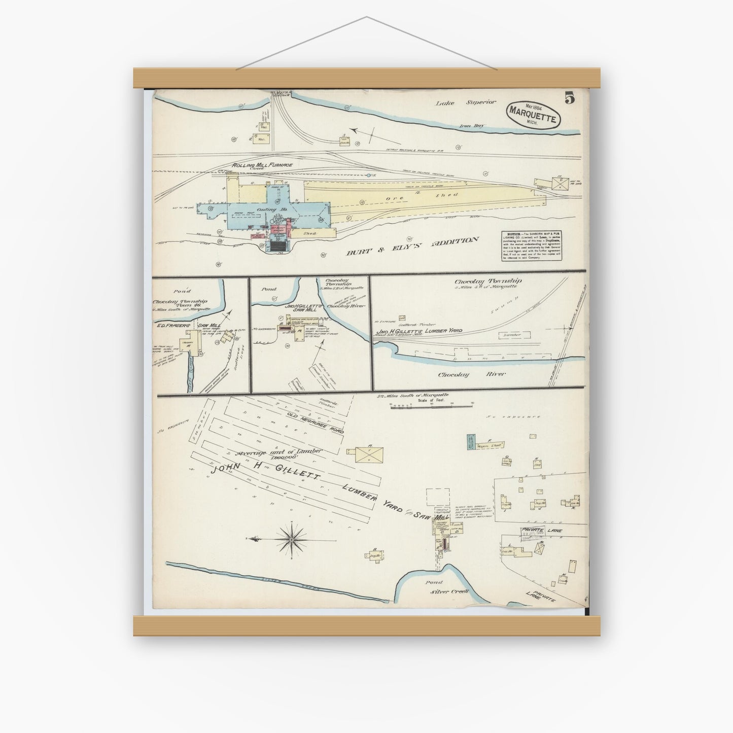 Old map wall art mockup — magnetic wood frame on white wall — Sanborn Fire Insurance Map from Marquette, Marquette County, Michigan (1884), Sheet #0005