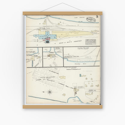 Old map wall art mockup — magnetic wood frame on white wall — Sanborn Fire Insurance Map from Marquette, Marquette County, Michigan (1884), Sheet #0005