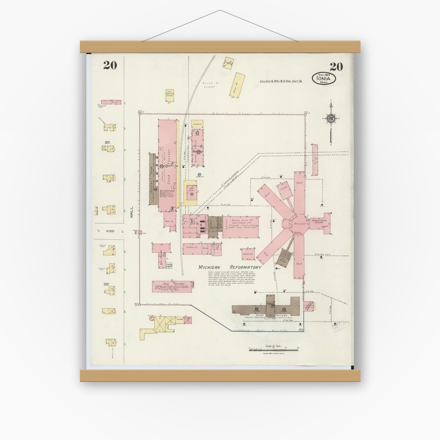 Old map wall art mockup — magnetic wood frame on white wall — Sanborn Fire Insurance Map from Ionia, Ionia County, Michigan (1924), Sheet #0020