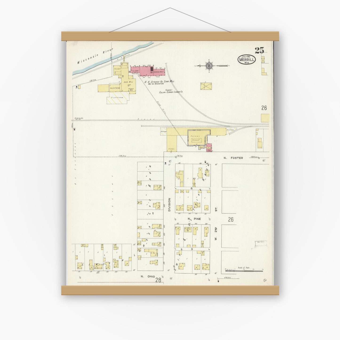 Old map wall art mockup — magnetic wood frame on white wall — Sanborn Fire Insurance Map from Merrill, Lincoln County, Wisconsin (1913), Sheet #0025