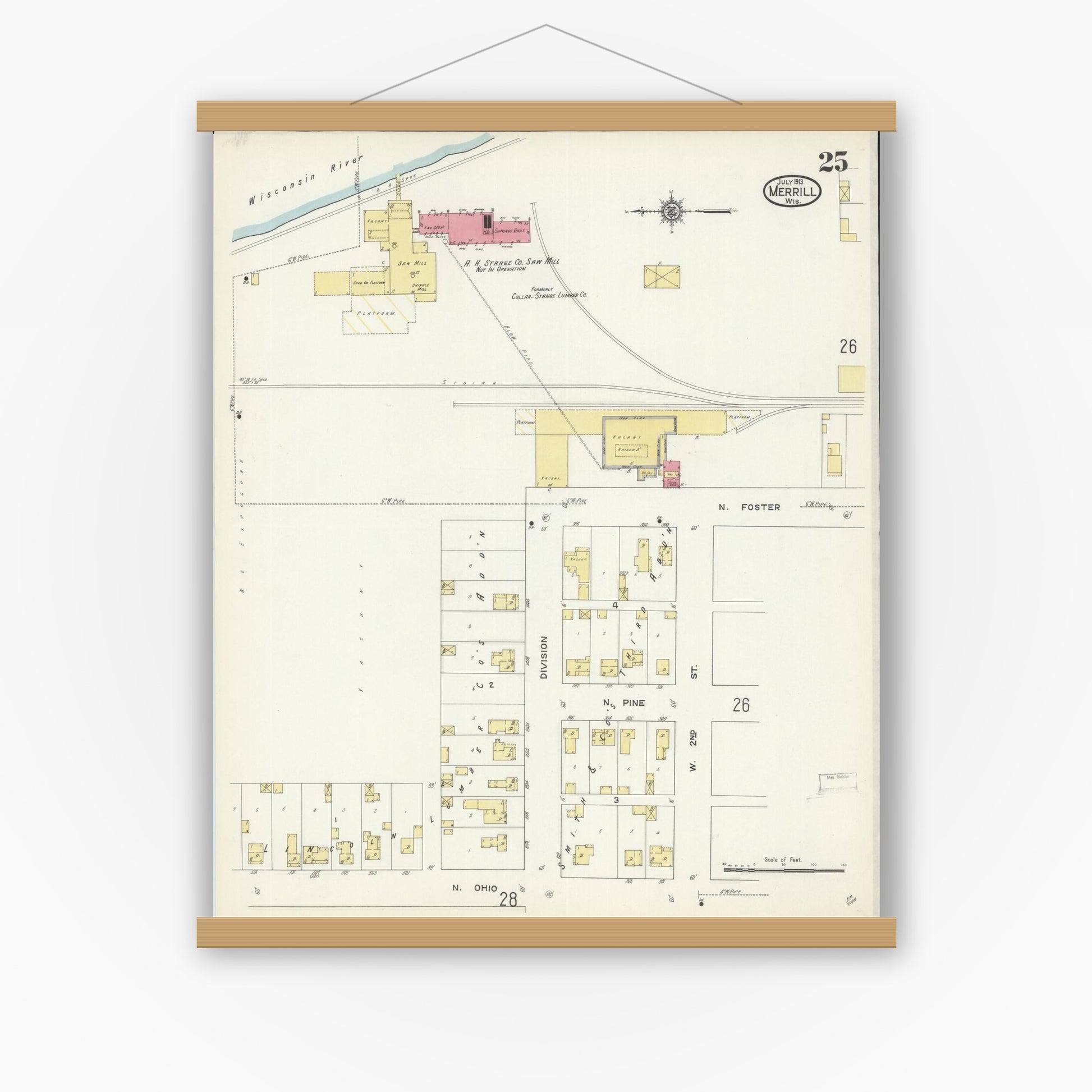 Old map wall art mockup — magnetic wood frame on white wall — Sanborn Fire Insurance Map from Merrill, Lincoln County, Wisconsin (1913), Sheet #0025