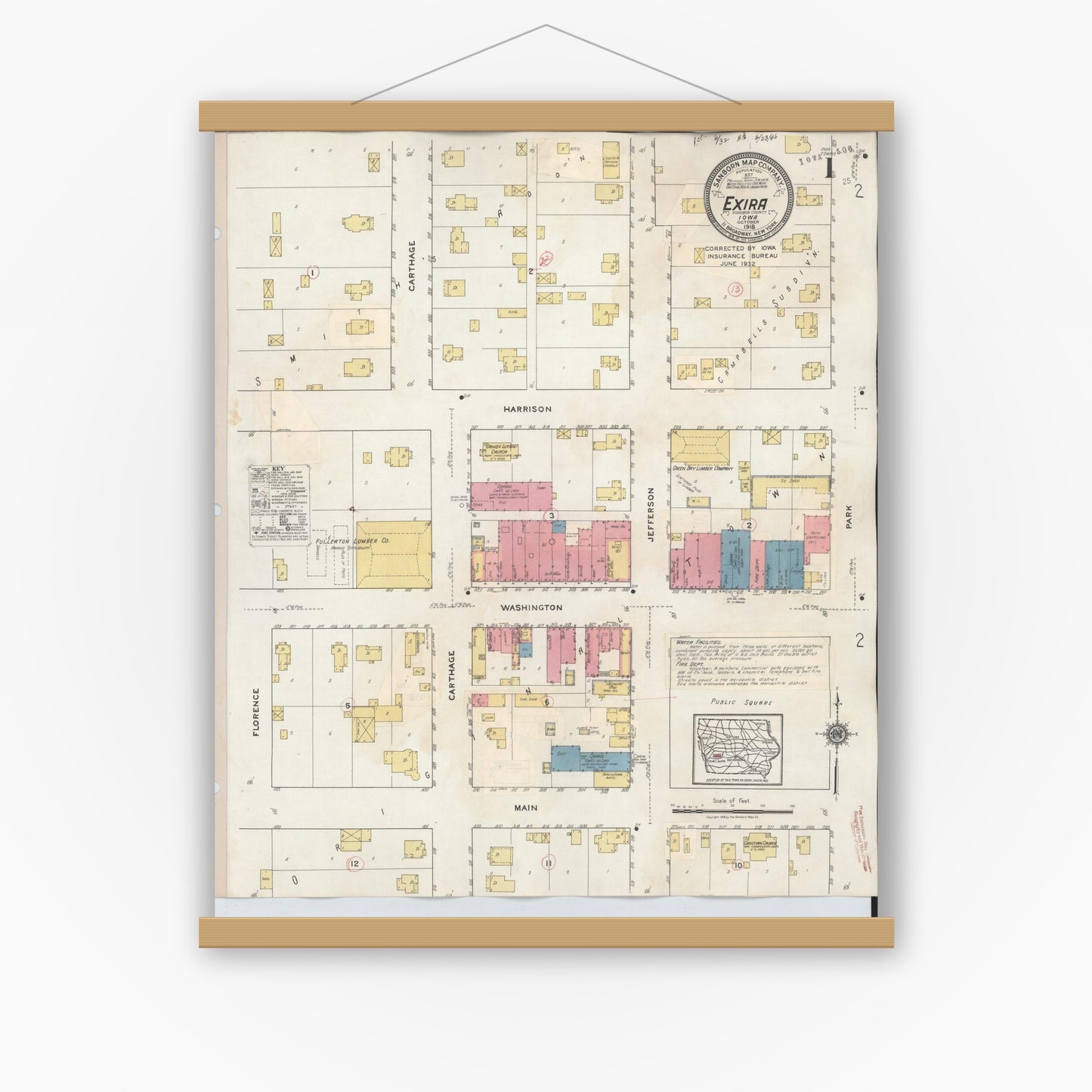 Old map wall art mockup — magnetic wood frame on white wall — Sanborn Fire Insurance Map from Exira, Audubon County, Iowa (1932), Sheet #0001