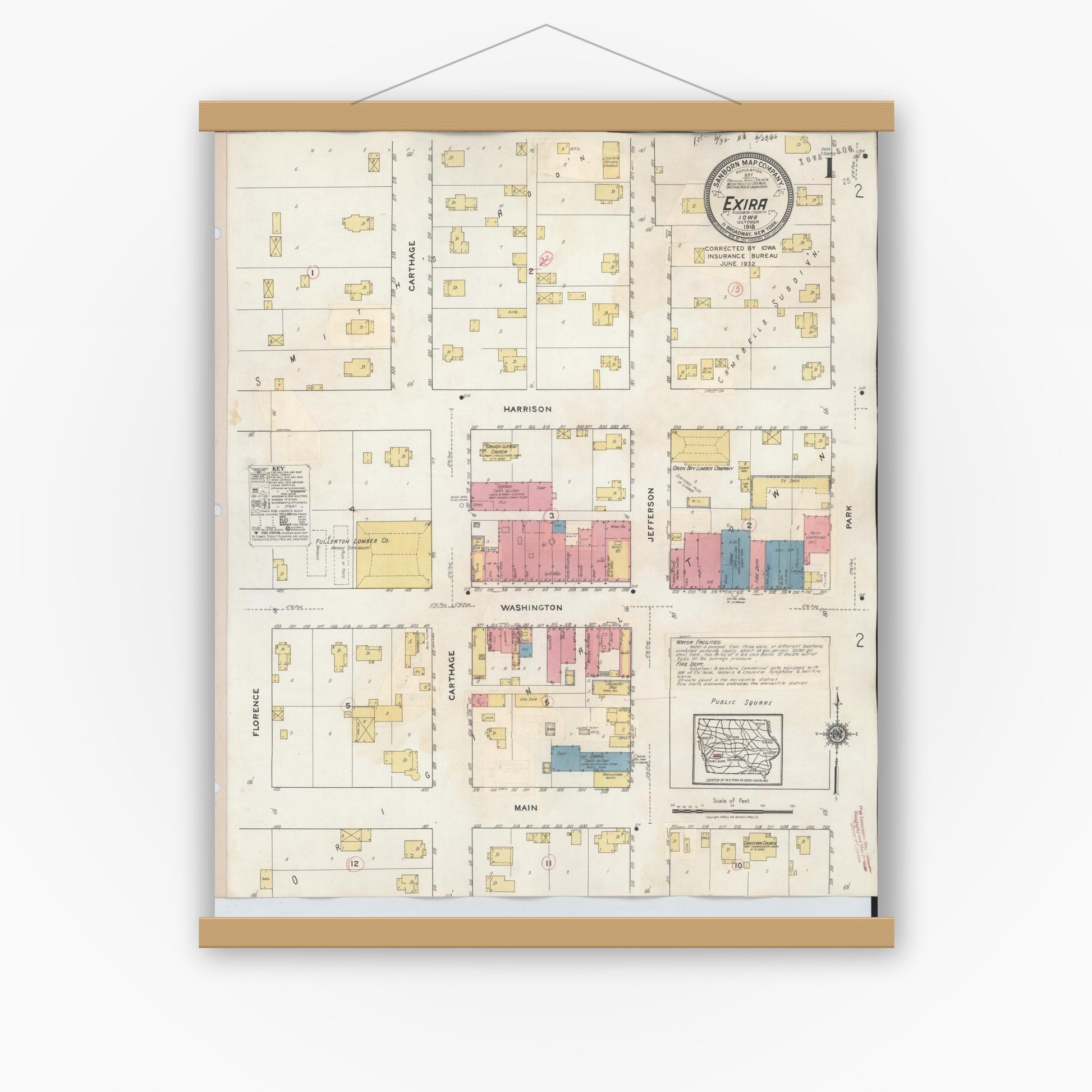 Old map wall art mockup — magnetic wood frame on white wall — Sanborn Fire Insurance Map from Exira, Audubon County, Iowa (1932), Sheet #0001