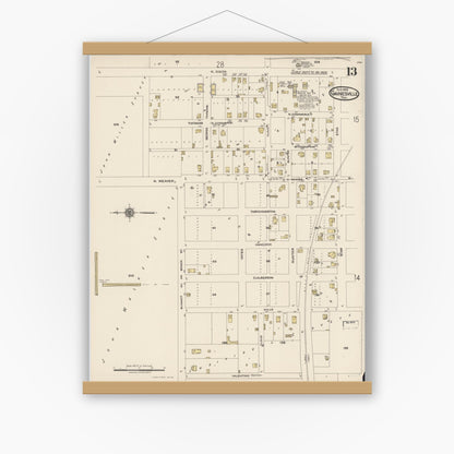 Old map wall art mockup — magnetic wood frame on white wall — Sanborn Fire Insurance Map from Gainesville, Cooke County, Texas (1922), Sheet #0013