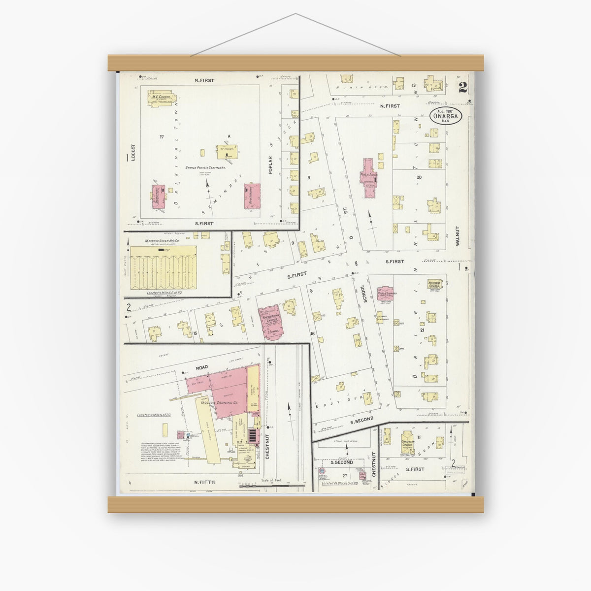 Old map wall art mockup — magnetic wood frame on white wall — Sanborn Fire Insurance Map from Onarga, Iroquois County, Illinois (1907), Sheet #0002