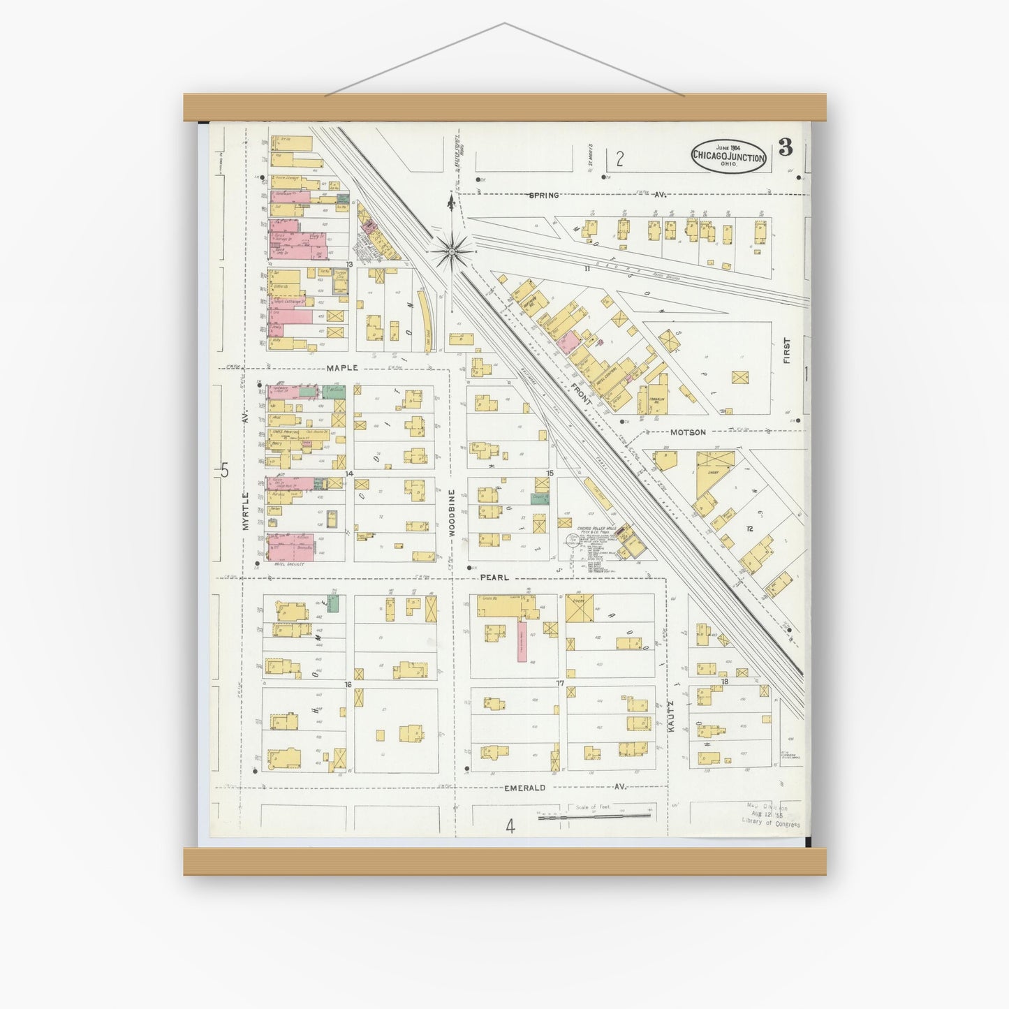 Old map wall art mockup — magnetic wood frame on white wall — Sanborn Fire Insurance Map from Chicago Junction, Huron County, Ohio (1904), Sheet #0003
