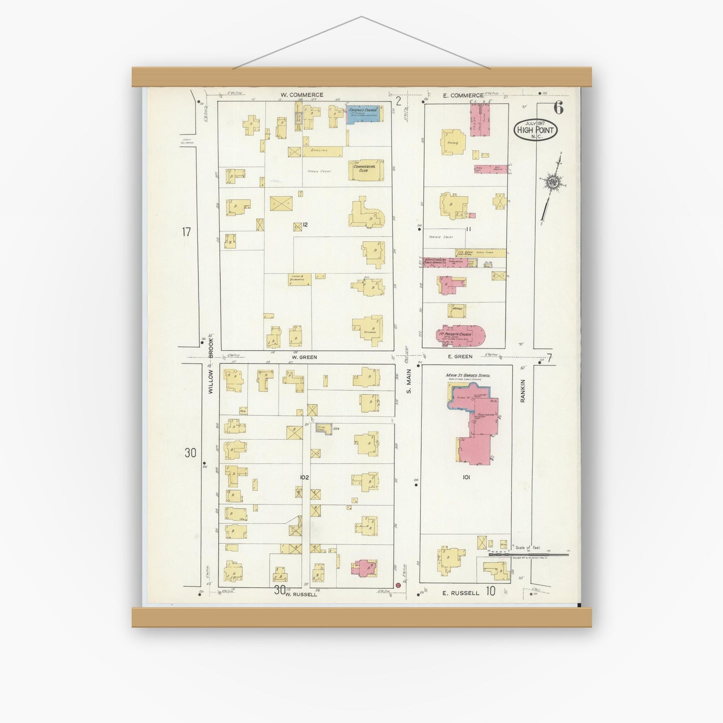 Old map wall art mockup — magnetic wood frame on white wall — Sanborn Fire Insurance Map from High Point, Guilford County, North Carolina (1917), Sheet #0006
