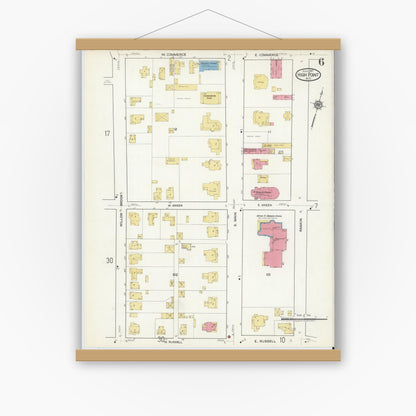 Old map wall art mockup — magnetic wood frame on white wall — Sanborn Fire Insurance Map from High Point, Guilford County, North Carolina (1917), Sheet #0006