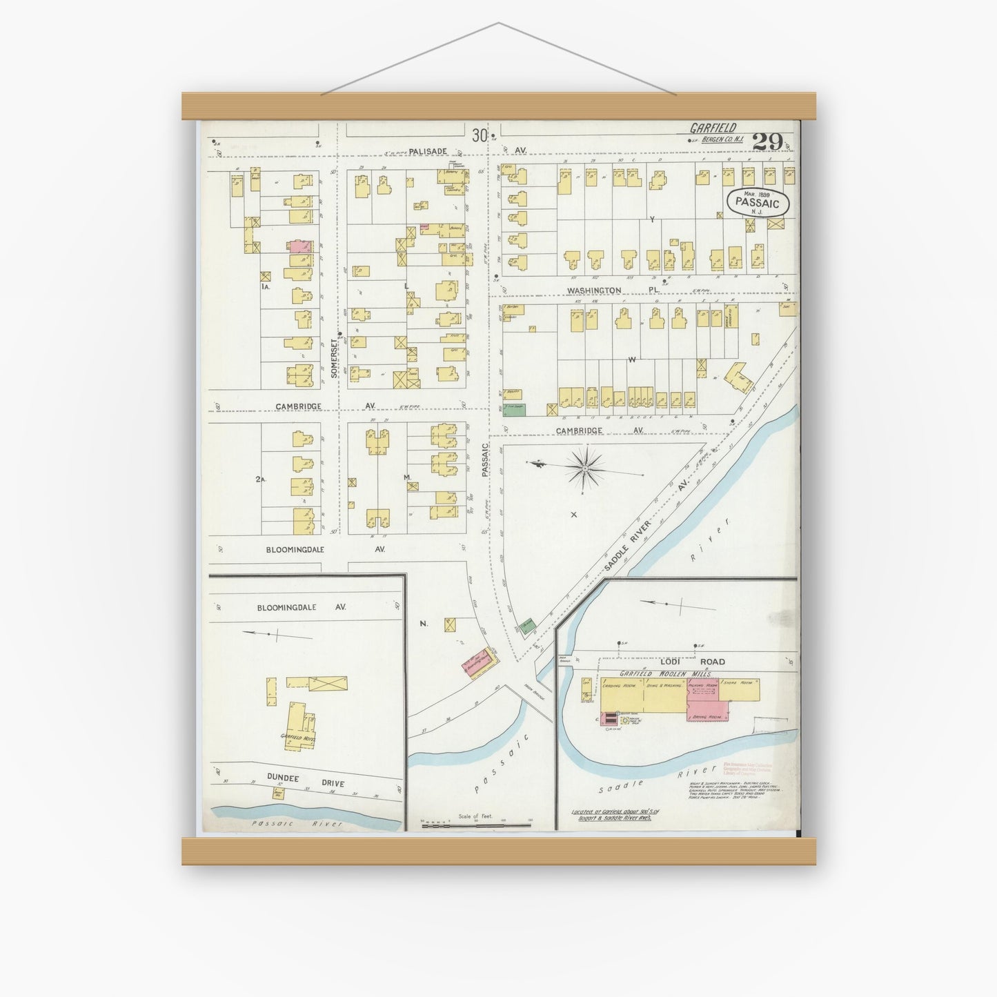 Old map wall art mockup — magnetic wood frame on white wall — Sanborn Fire Insurance Map from Passaic, Passaic County, New Jersey (1899), Sheet #0029
