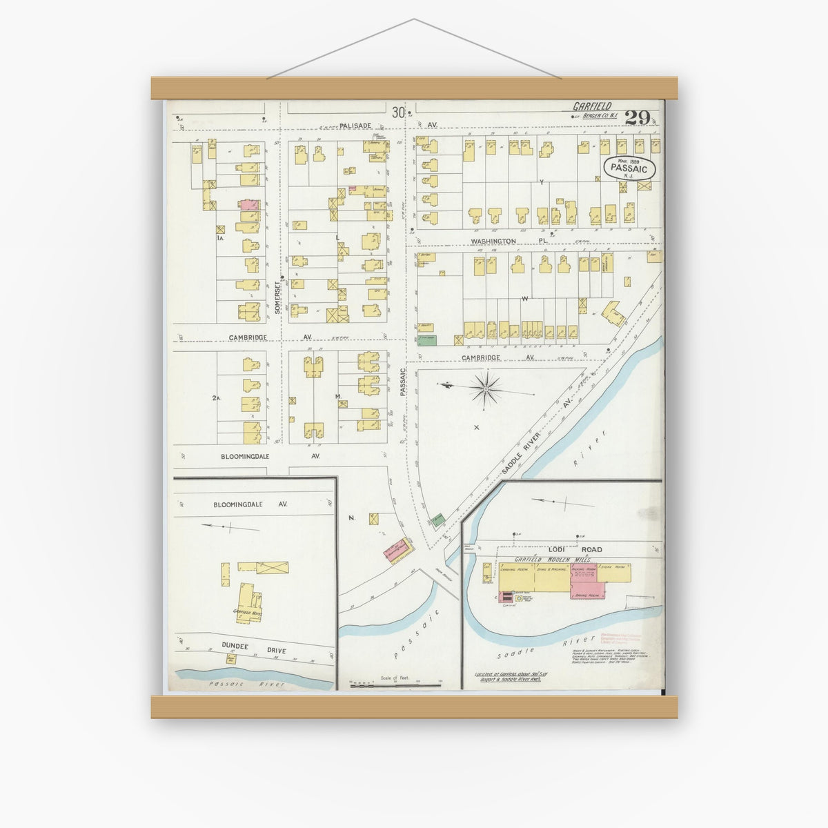 Old map wall art mockup — magnetic wood frame on white wall — Sanborn Fire Insurance Map from Passaic, Passaic County, New Jersey (1899), Sheet #0029