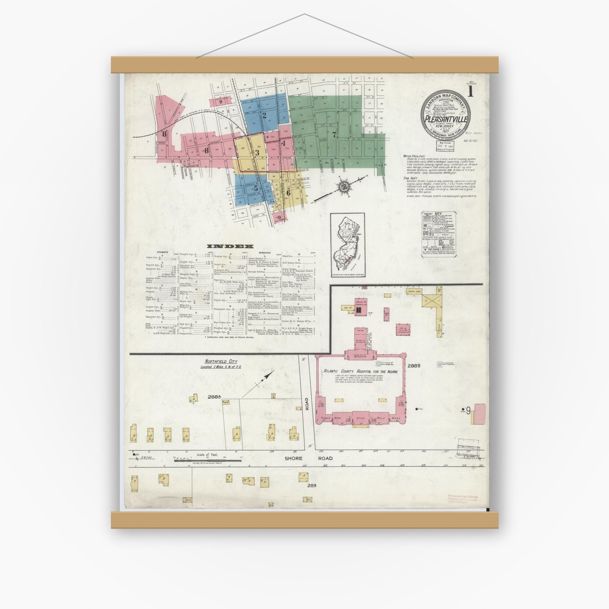 Old map wall art mockup — magnetic wood frame on white wall — Sanborn Fire Insurance Map from Pleasantville, Atlantic County, New Jersey (1917), Sheet #0001