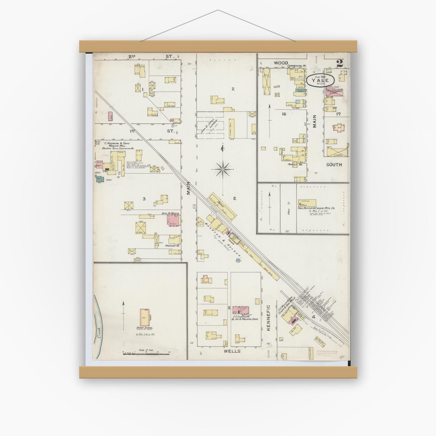 Old map wall art mockup — magnetic wood frame on white wall — Sanborn Fire Insurance Map from Yale, Saint Clair County, Michigan (1893), Sheet #0002