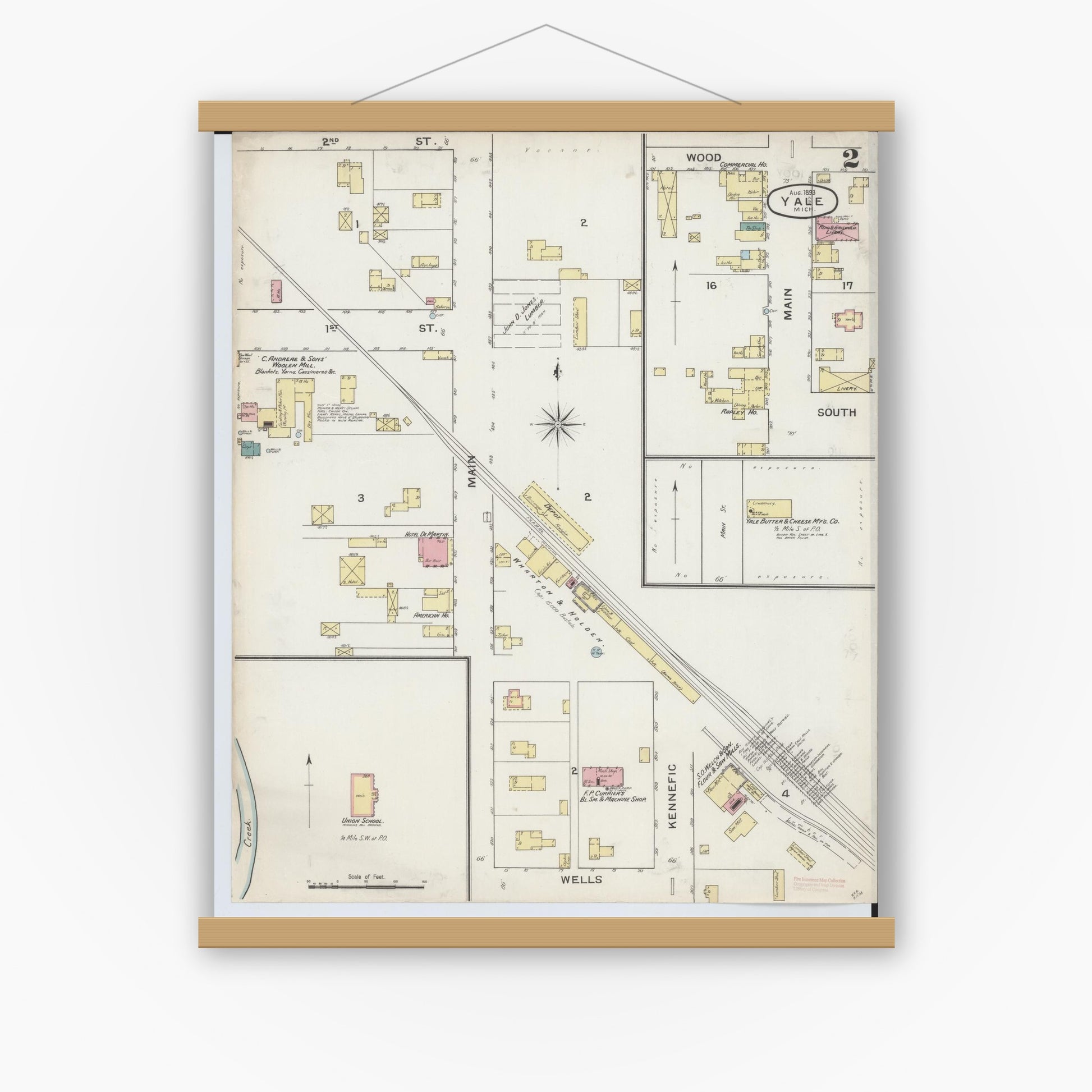 Old map wall art mockup — magnetic wood frame on white wall — Sanborn Fire Insurance Map from Yale, Saint Clair County, Michigan (1893), Sheet #0002