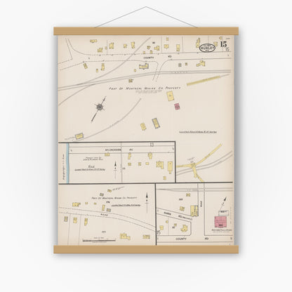 Old map wall art mockup — magnetic wood frame on white wall — Sanborn Fire Insurance Map from Hurley, Iron County, Wisconsin (1922), Sheet #0015