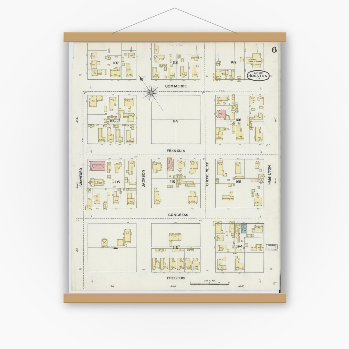Old map wall art mockup — magnetic wood frame on white wall — Sanborn Fire Insurance Map from Houston, Harris County, Texas (1890), Sheet #0006