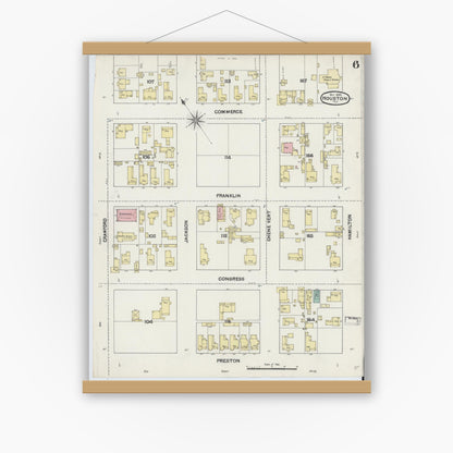 Old map wall art mockup — magnetic wood frame on white wall — Sanborn Fire Insurance Map from Houston, Harris County, Texas (1890), Sheet #0006