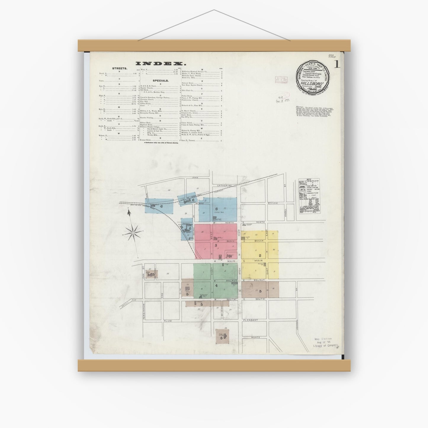 Old map wall art mockup — magnetic wood frame on white wall — Sanborn Fire Insurance Map from Hillsboro, Highland County, Ohio (1893) - Complete Map Set