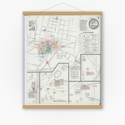 Old map wall art mockup — magnetic wood frame on white wall — Sanborn Fire Insurance Map from Wooster, Wayne County, Ohio (1888), Sheet #0001