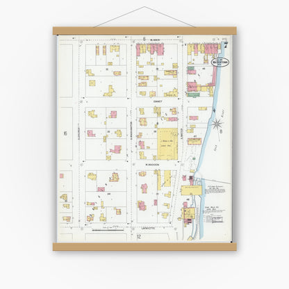 Old map wall art mockup — magnetic wood frame on white wall — Sanborn Fire Insurance Map from Watertown, Jefferson County, Wisconsin (1901), Sheet #0007