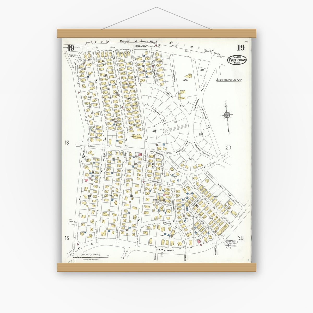 Old map wall art mockup — magnetic wood frame on white wall — Sanborn Fire Insurance Map from Watertown, Middlesex County, Massachusetts (1923), Sheet #0019