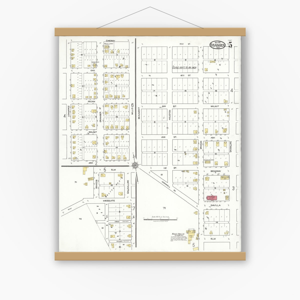 Old map wall art mockup — magnetic wood frame on white wall — Sanborn Fire Insurance Map from Granger, Williamson County, Texas (1921), Sheet #0005