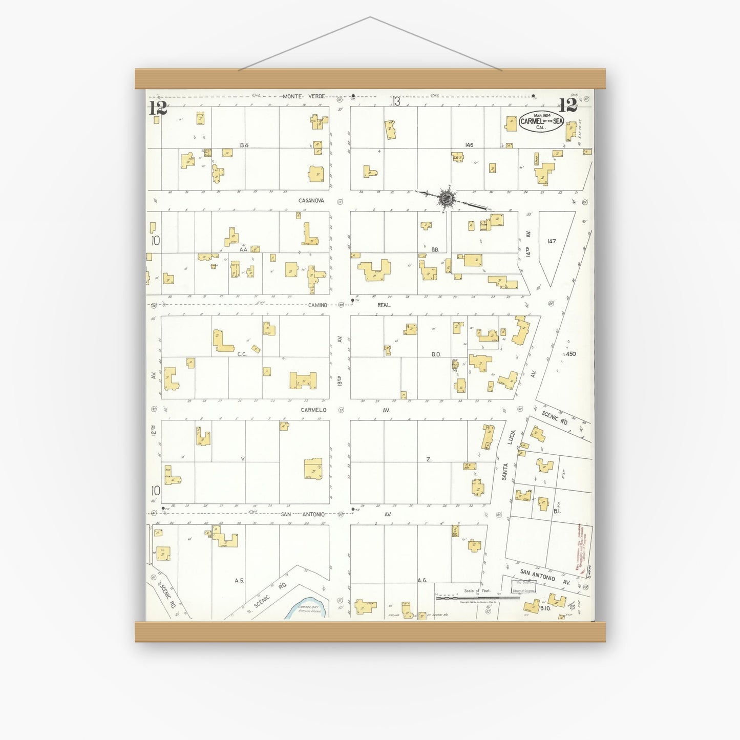 Old map wall art mockup — magnetic wood frame on white wall — Sanborn Fire Insurance Map from Carmel By The Sea, Monterey County, California (1924), Sheet #0012