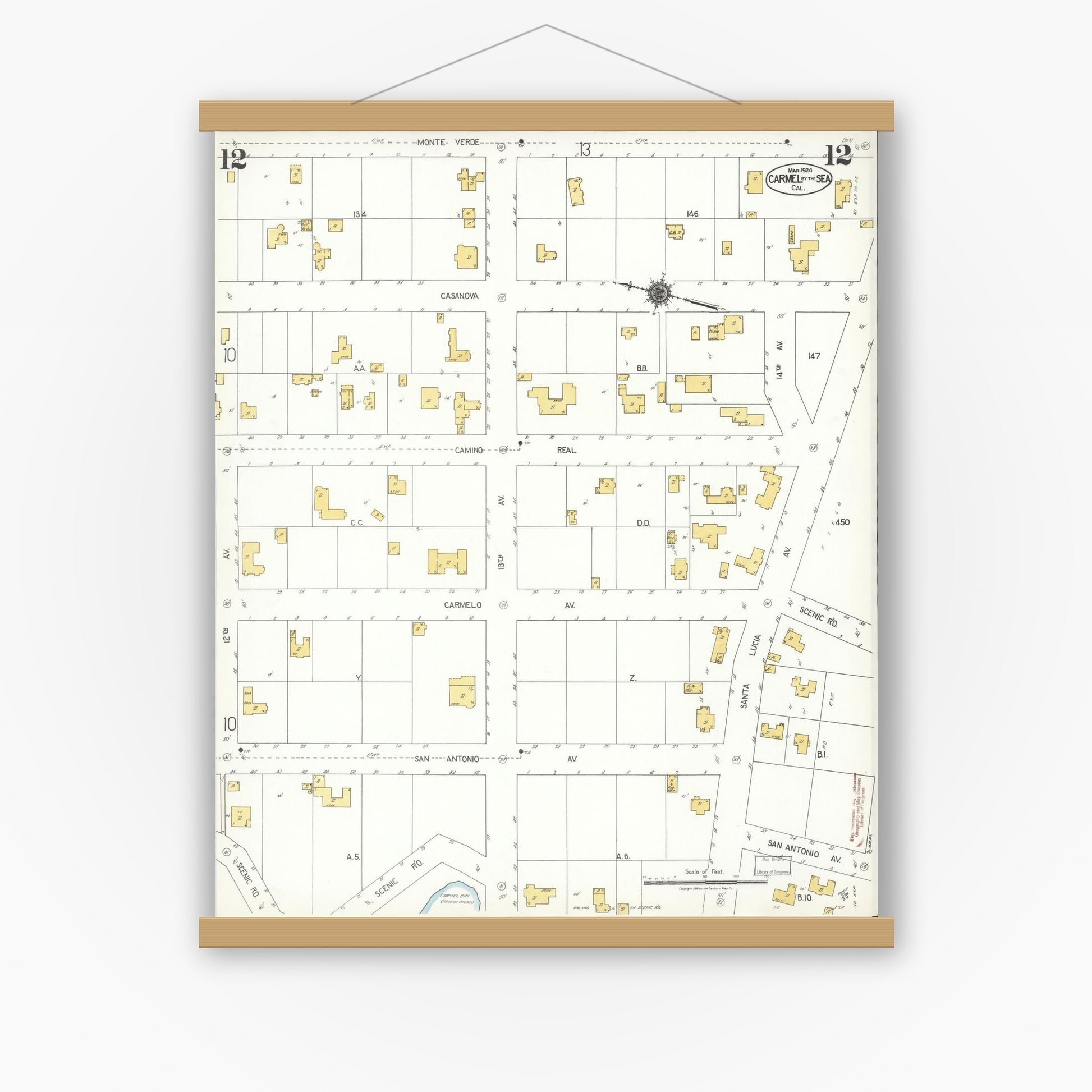 Old map wall art mockup — magnetic wood frame on white wall — Sanborn Fire Insurance Map from Carmel By The Sea, Monterey County, California (1924), Sheet #0012