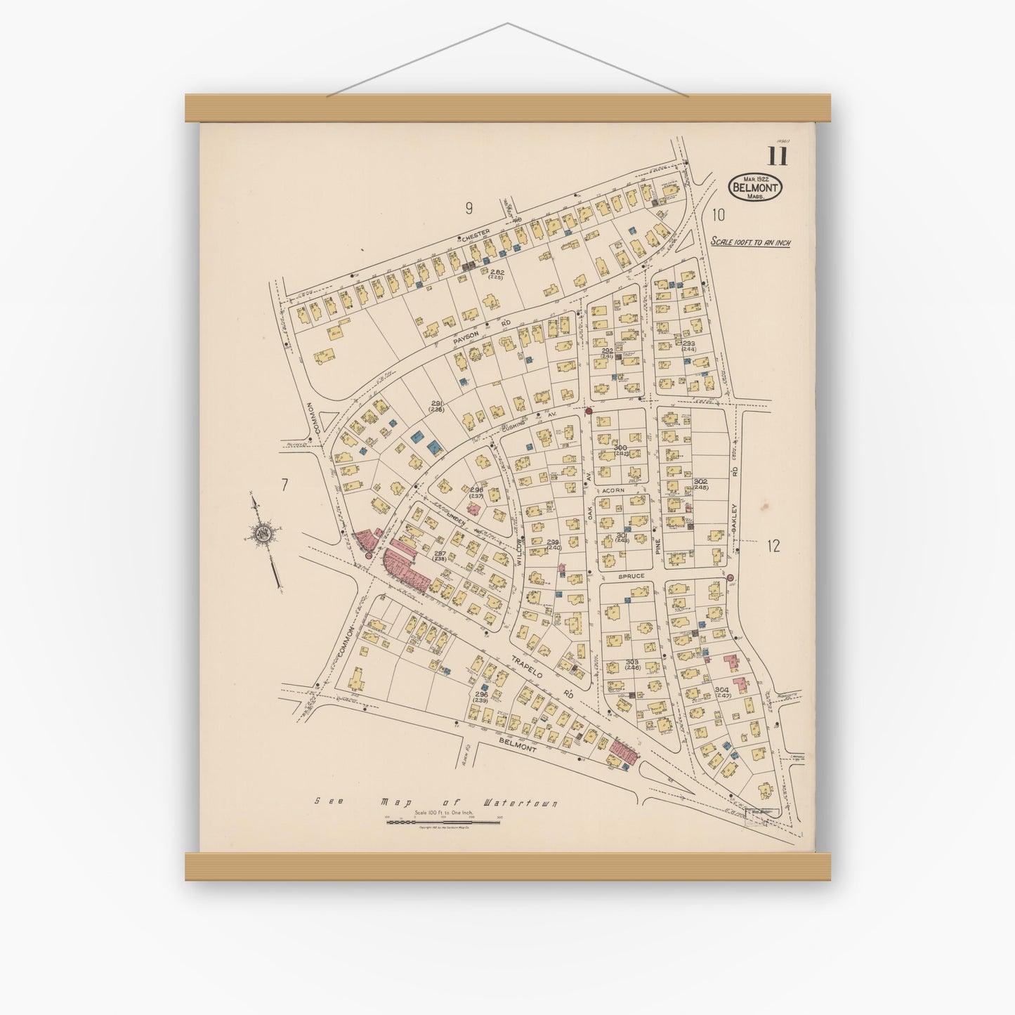 Old map wall art mockup — magnetic wood frame on white wall — Sanborn Fire Insurance Map from Belmont, Middlesex County, Massachusetts (1922), Sheet #0011