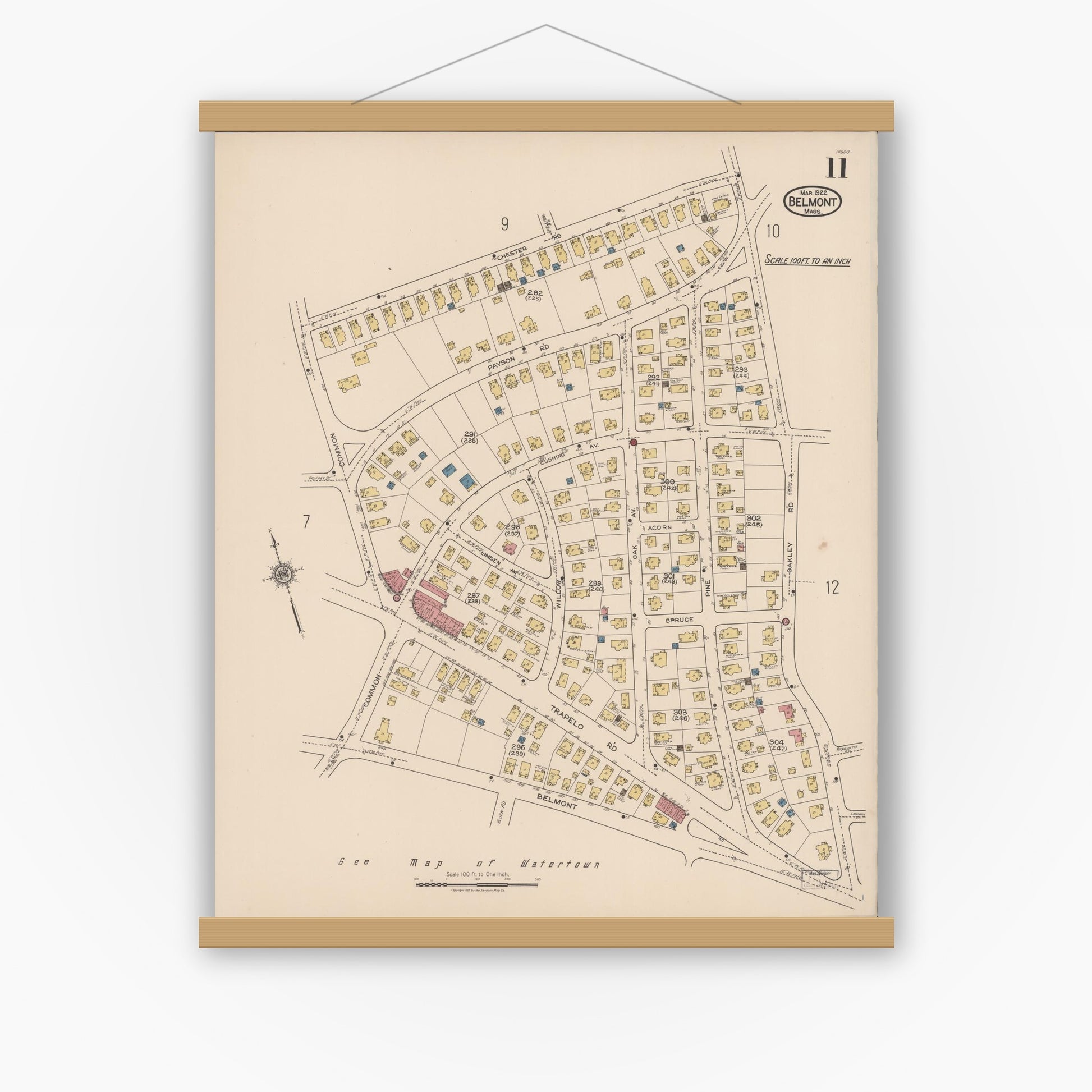 Old map wall art mockup — magnetic wood frame on white wall — Sanborn Fire Insurance Map from Belmont, Middlesex County, Massachusetts (1922), Sheet #0011
