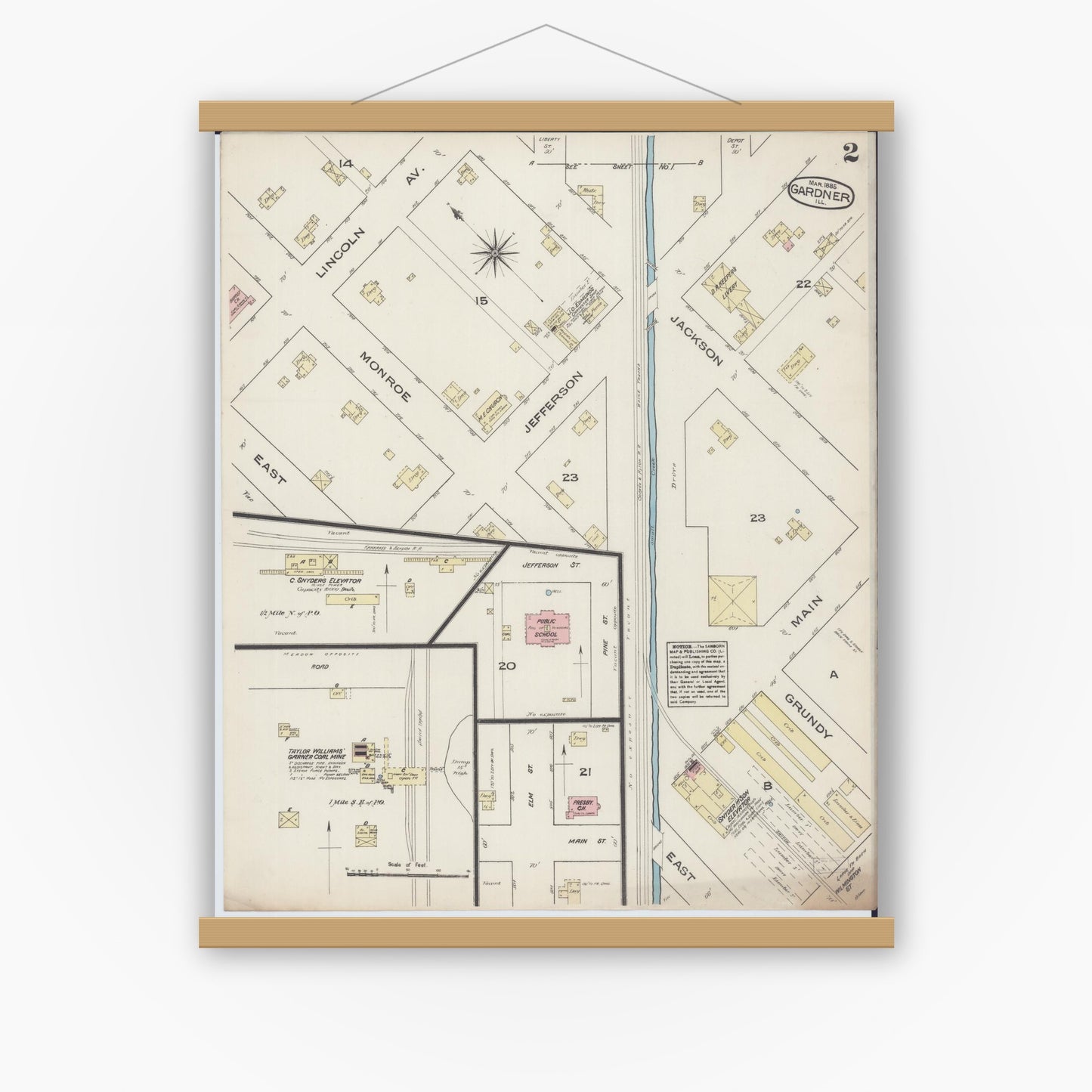 Old map wall art mockup — magnetic wood frame on white wall — Sanborn Fire Insurance Map from Gardner, Grundy County, Illinois (1885), Sheet #0002