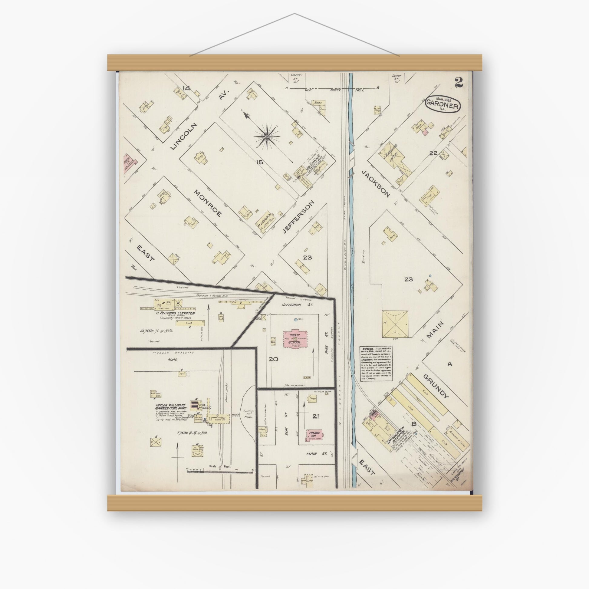 Old map wall art mockup — magnetic wood frame on white wall — Sanborn Fire Insurance Map from Gardner, Grundy County, Illinois (1885), Sheet #0002
