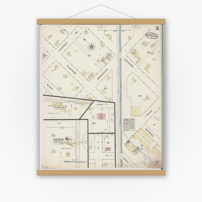 Old map wall art mockup — magnetic wood frame on white wall — Sanborn Fire Insurance Map from Gardner, Grundy County, Illinois (1885), Sheet #0002