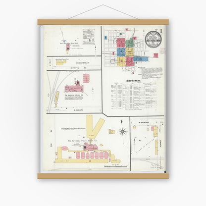 Old map wall art mockup — magnetic wood frame on white wall — Sanborn Fire Insurance Map from North Baltimore, Wood County, Ohio (1908) - Complete Map Set
