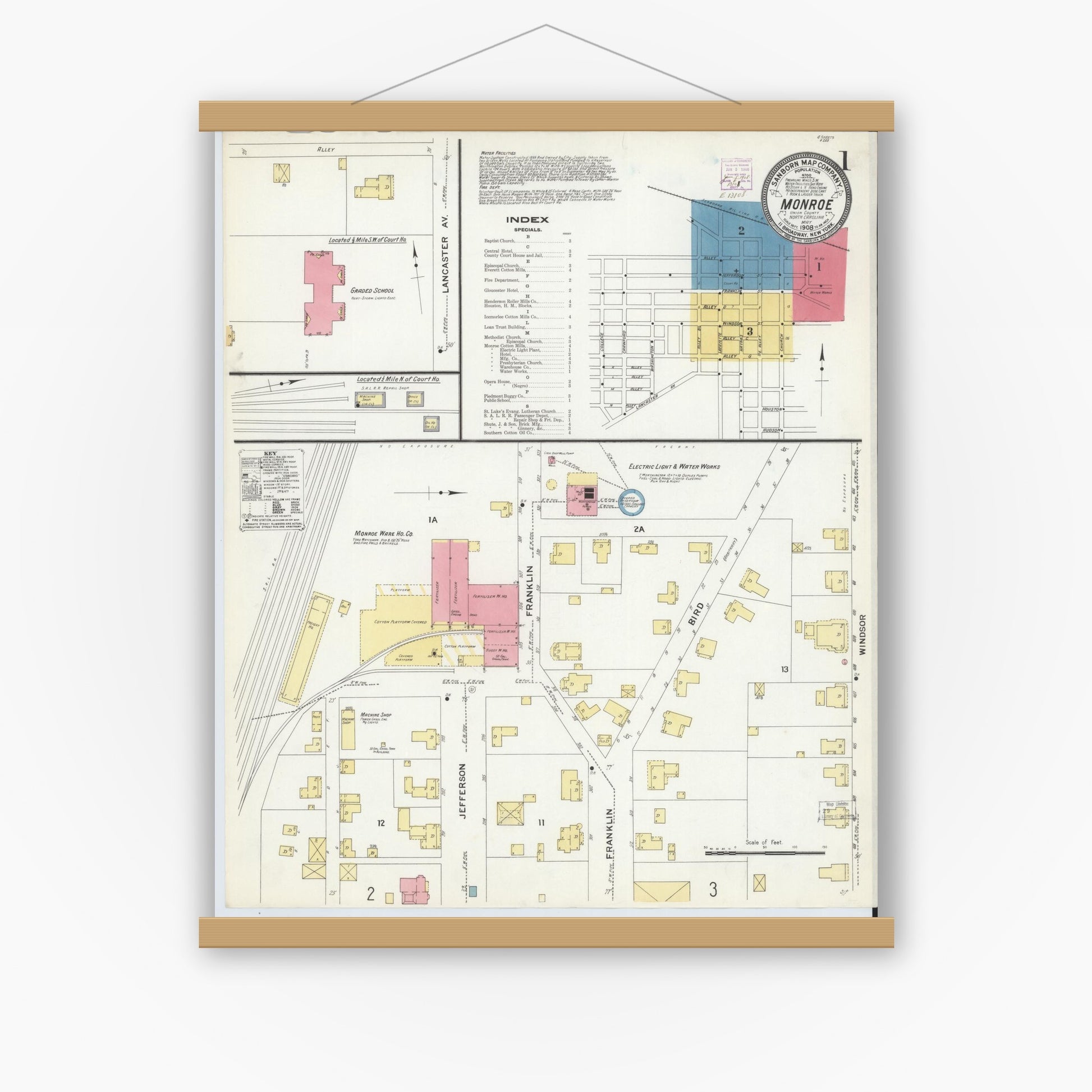 Old map wall art mockup — magnetic wood frame on white wall — Sanborn Fire Insurance Map from Monroe, Union County, North Carolina (1908) - Complete Map Set
