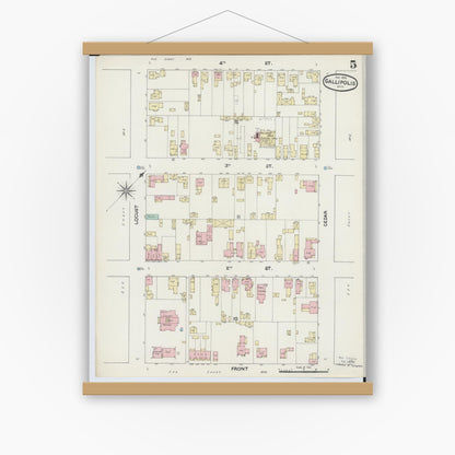 Old map wall art mockup — magnetic wood frame on white wall — Sanborn Fire Insurance Map from Gallipolis, Gallia County, Ohio (1890), Sheet #0005