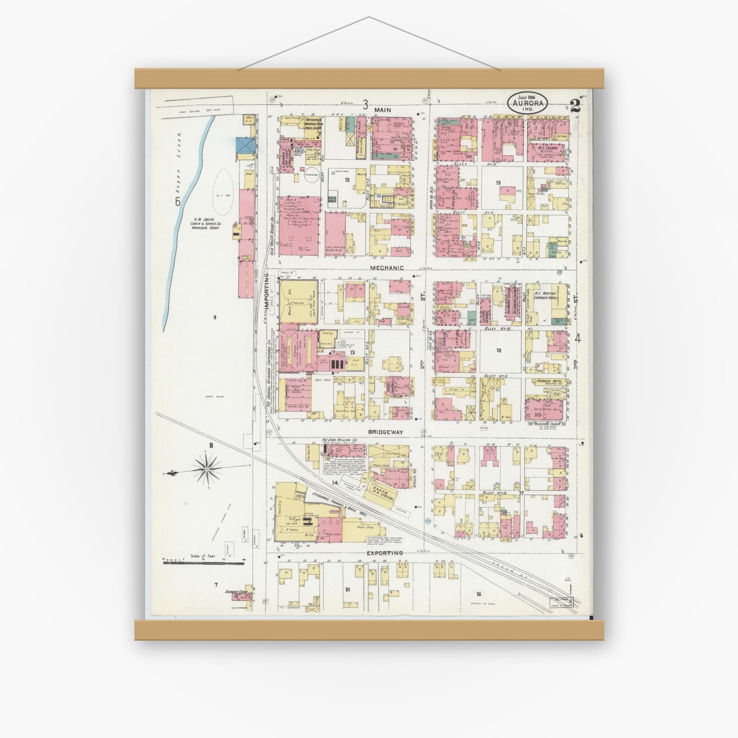 Old map wall art mockup — magnetic wood frame on white wall — Sanborn Fire Insurance Map from Aurora, Dearborn County, Indiana (1906), Sheet #0002