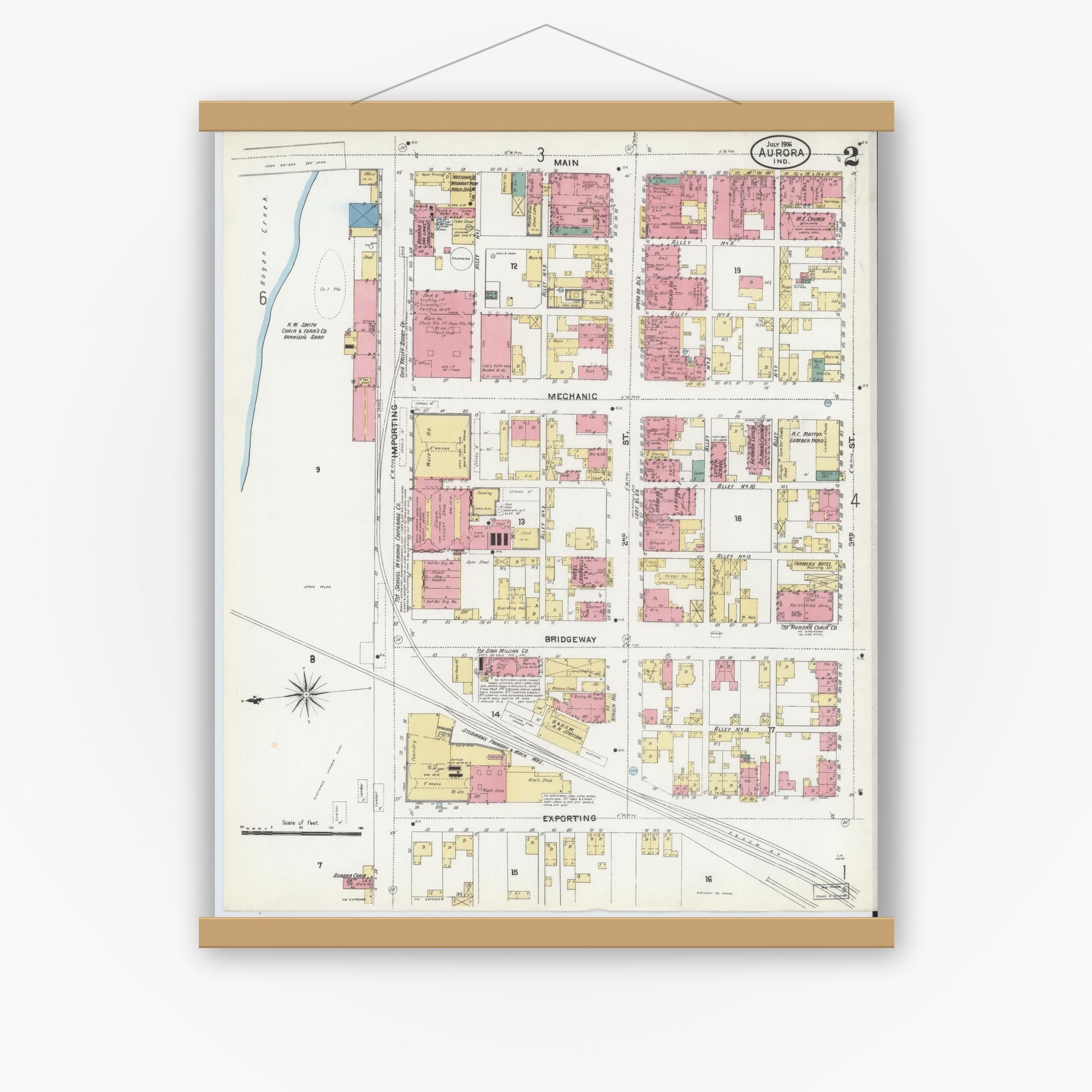 Old map wall art mockup — magnetic wood frame on white wall — Sanborn Fire Insurance Map from Aurora, Dearborn County, Indiana (1906), Sheet #0002